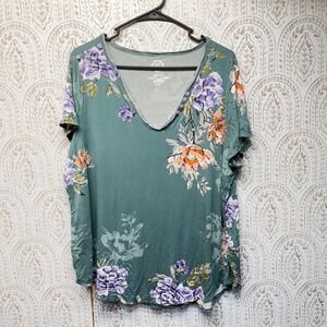 24/7 Maurices Floral Top Womens 1X Green V-Neck Short Sleeve Casual Shirt
